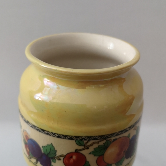 Vintage Lancaster & Sons England Lusterware Yellow Vase Fruit & Flowers, 7" Tall - Picture 2 of 7